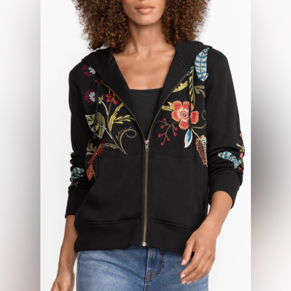 Johnny Was Black Zip-Front Hoodie with Multicolor Floral Embroidery